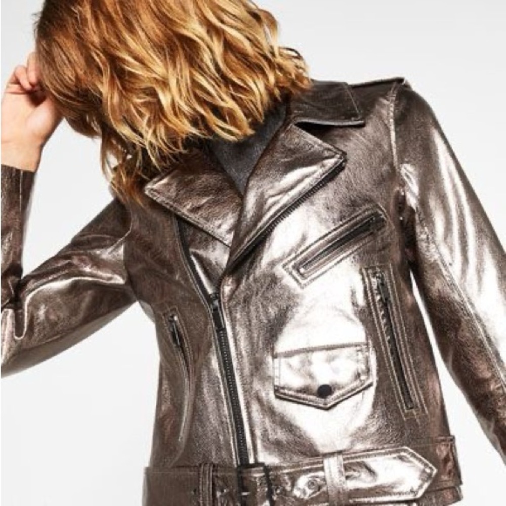 Zara Women's Leather Biker Jacket in shiny gunmetal. Sz 6
